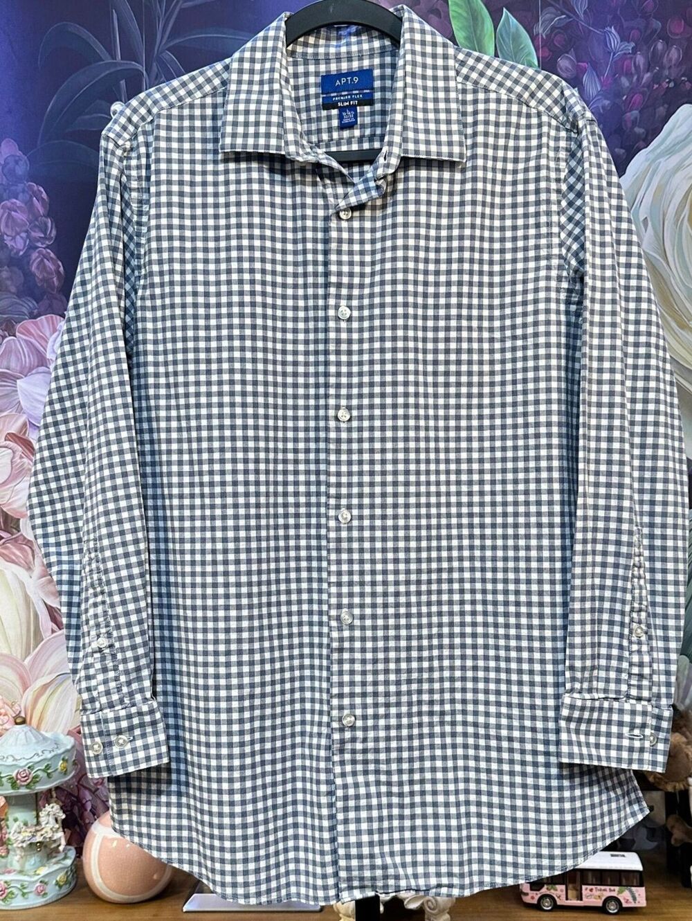 APT.9 L Blue Dress Shirt Preppy Mens Gingham Slim Fit Button-Front Long Sleeve